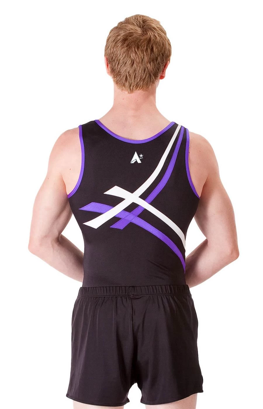 AVERY – BVZ97:- Mens Sleeveless Leotard In Black, Purple And White - Image 4
