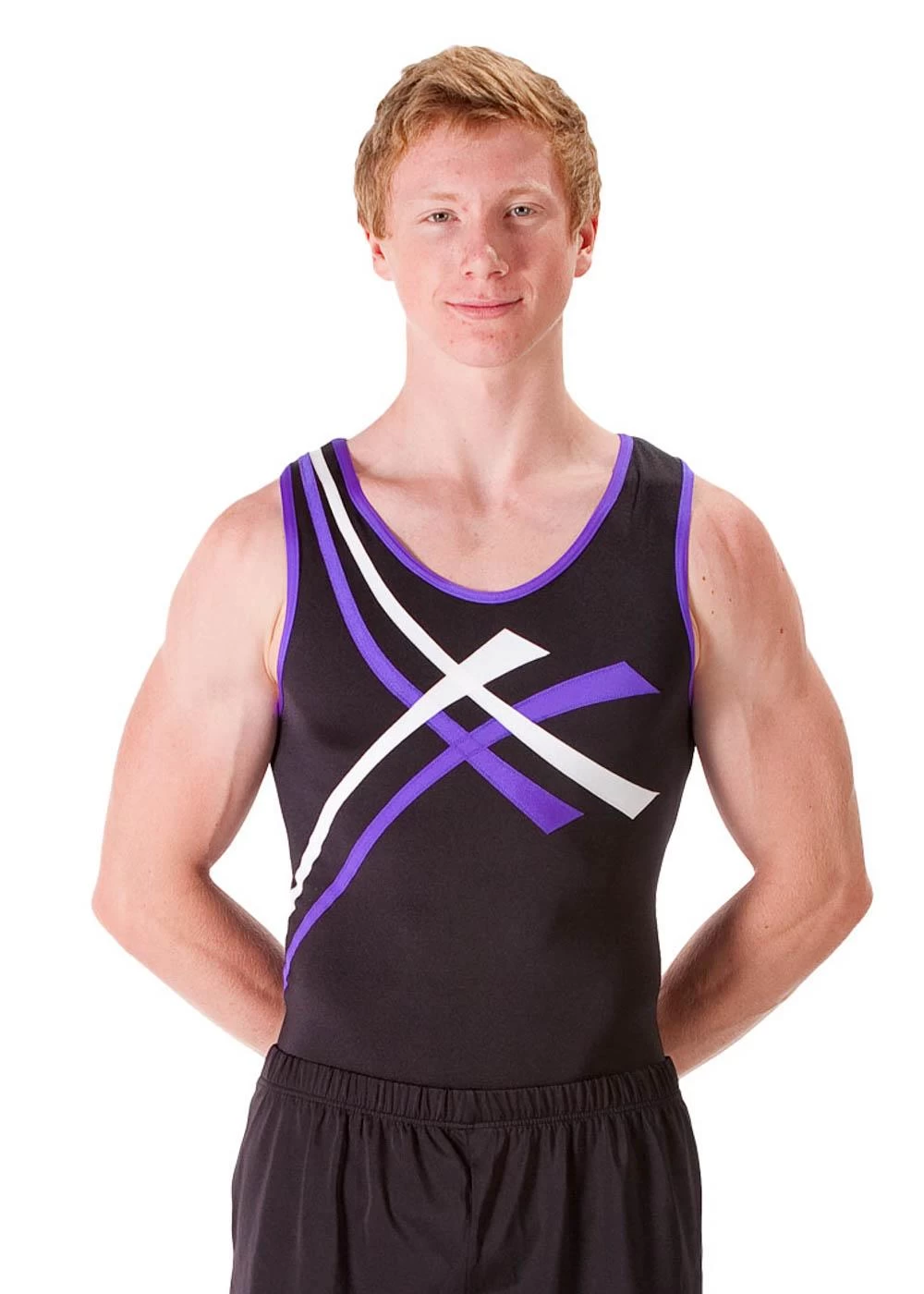 AVERY – BVZ97:- Mens Sleeveless Leotard In Black, Purple And White - Image 2