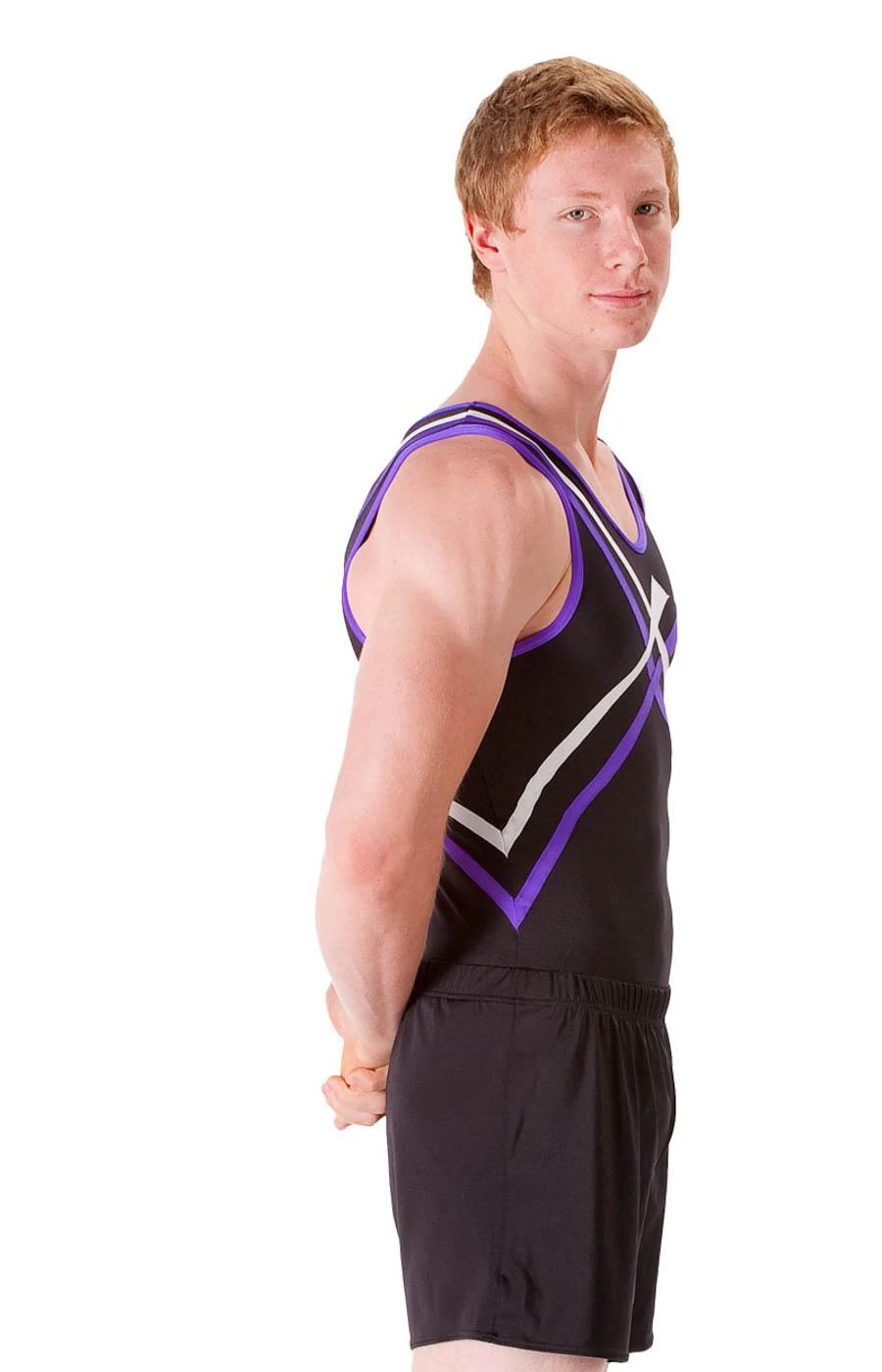 AVERY – BVZ97:- Mens Sleeveless Leotard In Black, Purple And White - Image 5