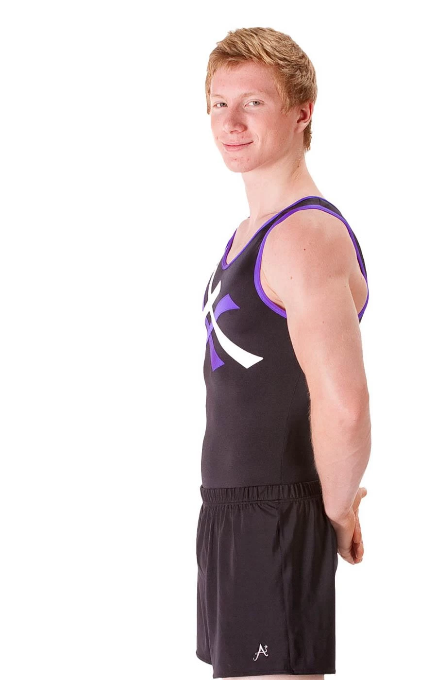 AVERY – BVZ97:- Mens Sleeveless Leotard In Black, Purple And White - Image 3