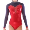 ALVIA- KH435:- Ladies Long Sleeved Leotard In Red Shimmer With Navy Powernet Sleeves