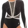 ASHLEY- K433:- Girls Long Sleeved Leotard With Deep V Silver Detail And Diamante