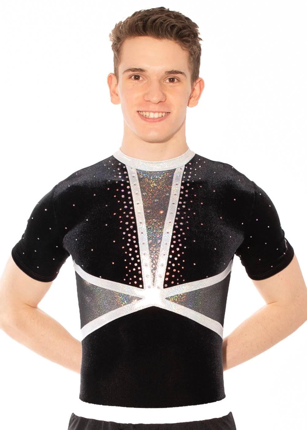 ASHLEY- BSA433:- Boys Short Sleeved Leotard With Deep V Silver Detail And Diamante - Image 2