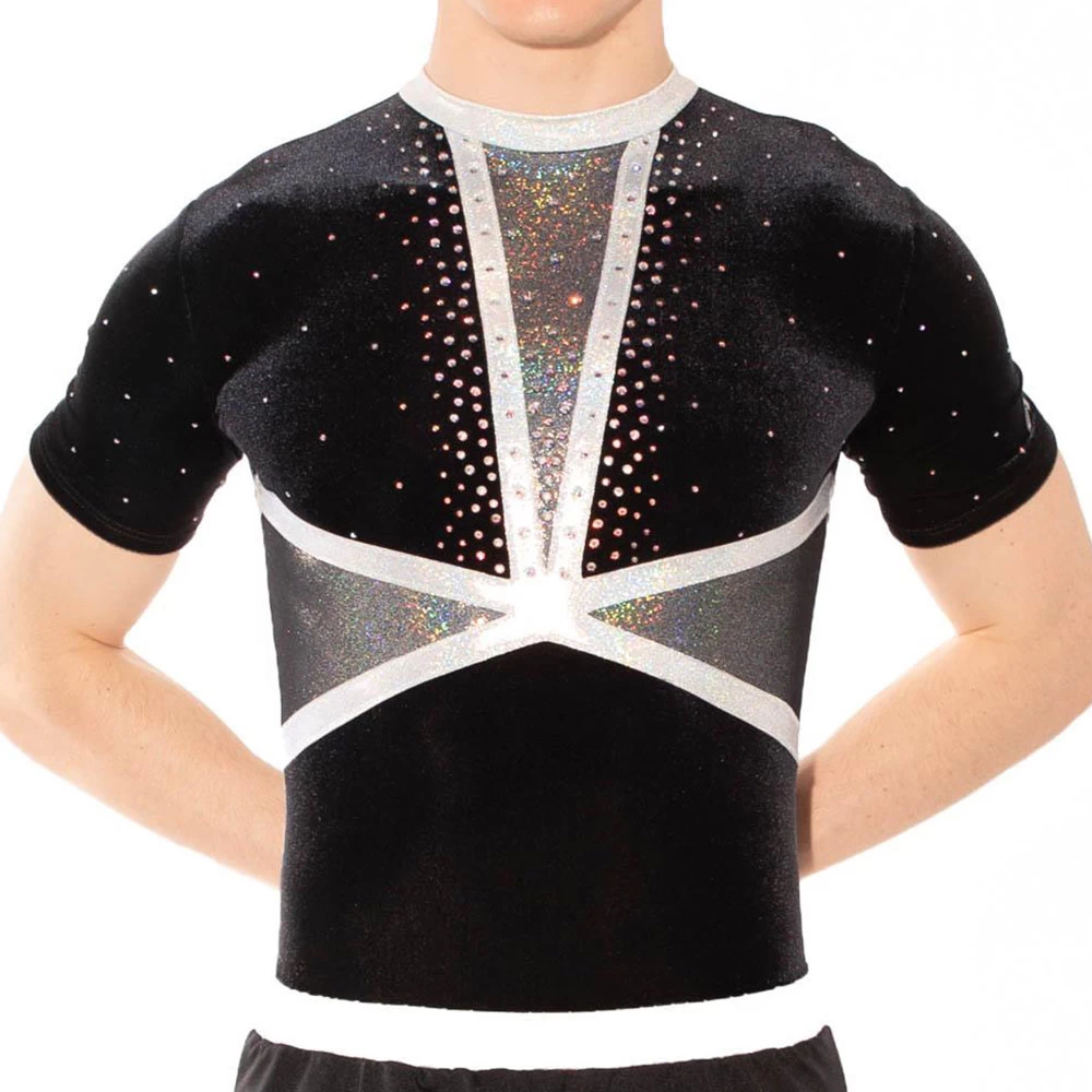 ASHLEY- BSA433:- Boys Short Sleeved Leotard With Deep V Silver Detail And Diamante