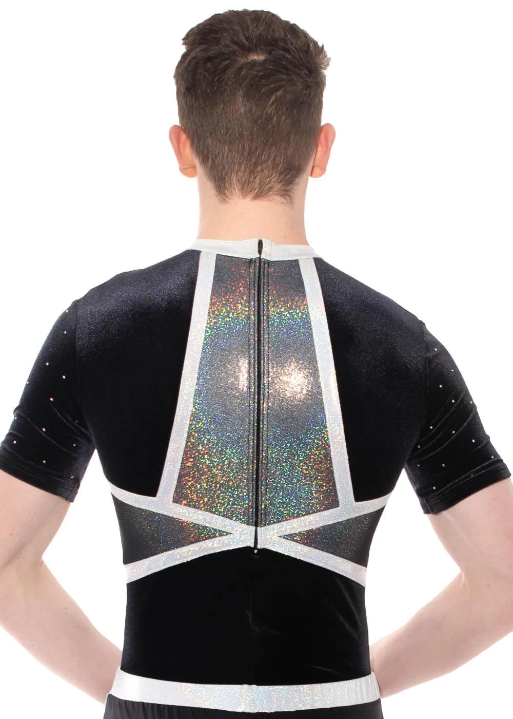 ASHLEY- BSA433:- Boys Short Sleeved Leotard With Deep V Silver Detail And Diamante - Image 4