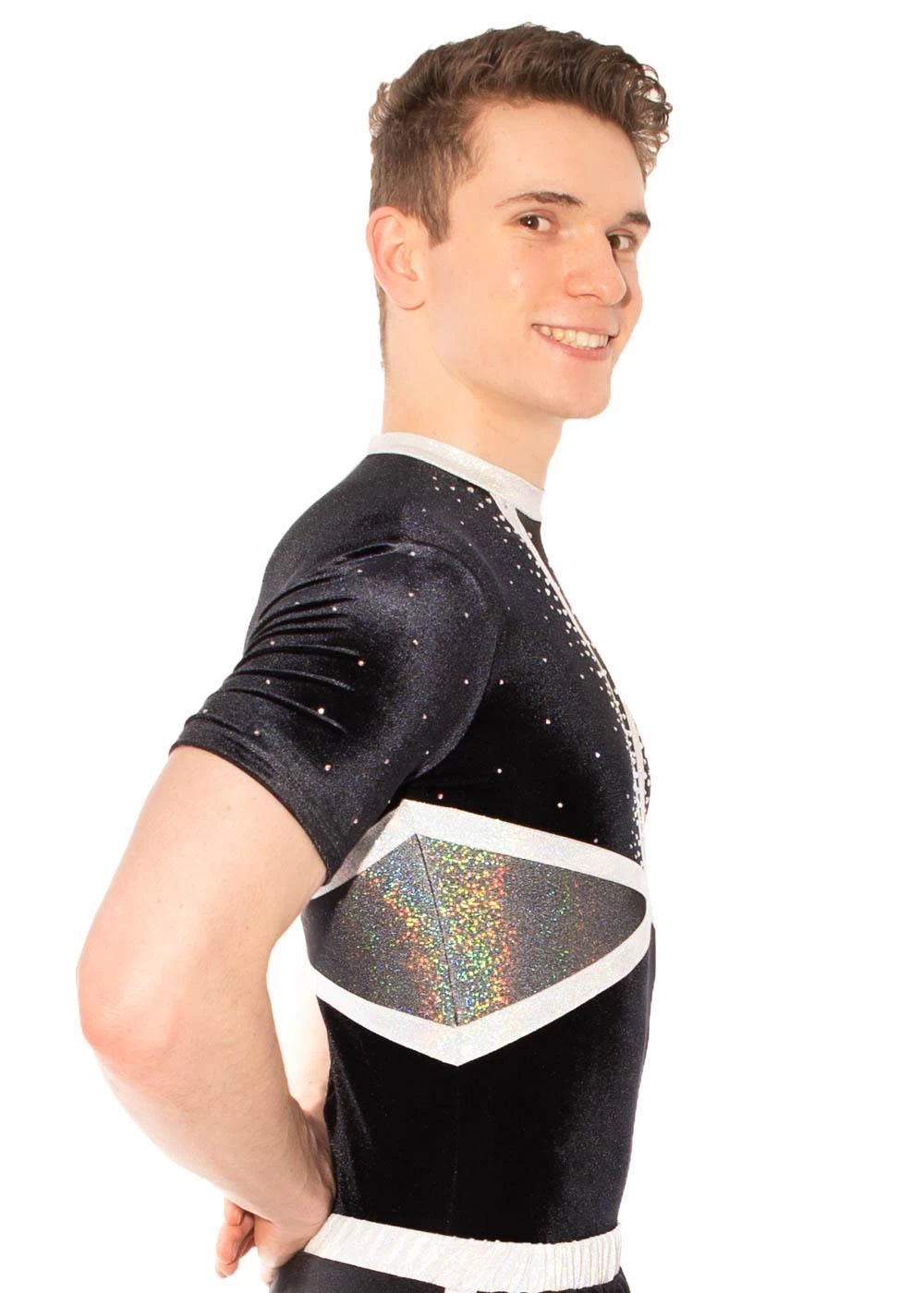 ASHLEY- BSA433:- Boys Short Sleeved Leotard With Deep V Silver Detail And Diamante - Image 5