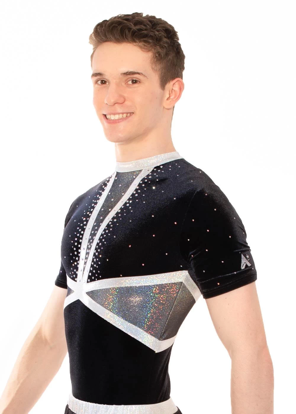ASHLEY- BSA433:- Boys Short Sleeved Leotard With Deep V Silver Detail And Diamante - Image 3