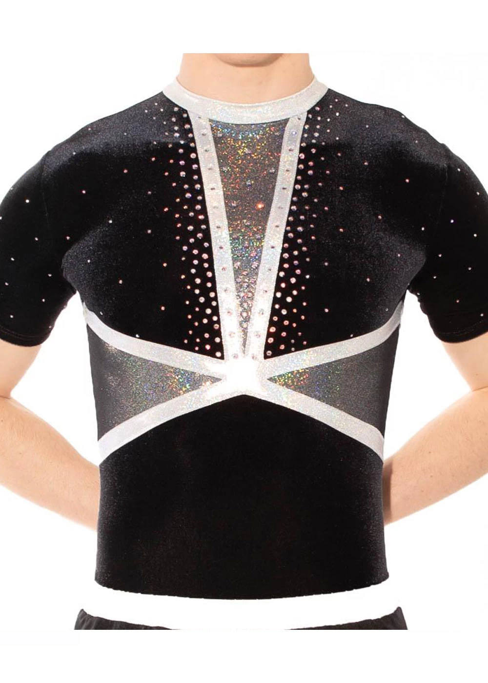 ASHLEY- BSA433:- Boys Short Sleeved Leotard With Deep V Silver Detail And Diamante - Image 6