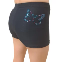 Girls Black Shorts With Blue Butterfly Diamante – Matt Or Velour