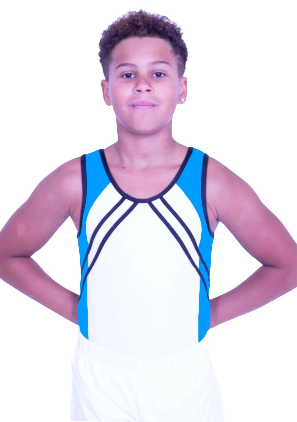 EMERSON – BV551:- Boys Sleeveless Leotard In White Matt With Black And Turquoise Detail - Image 2