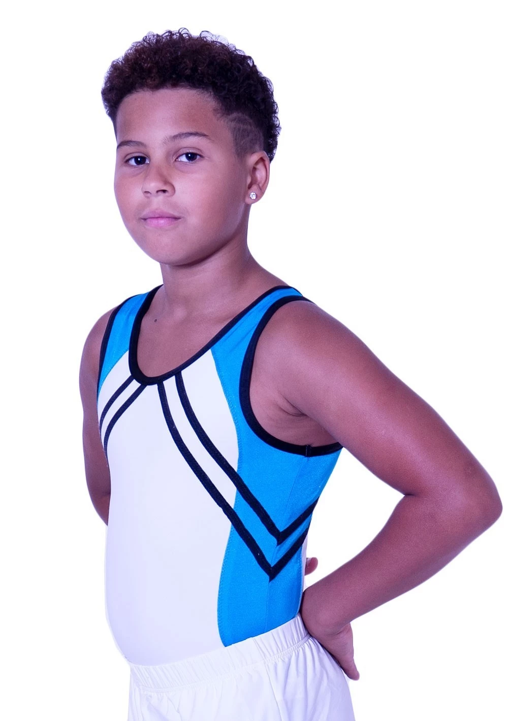 EMERSON – BV551:- Boys Sleeveless Leotard In White Matt With Black And Turquoise Detail - Image 3