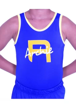 NAMED LEOTARD – P30:- Personalised Boys Royal Blue Shiny Lycra Leotard With Yellow Name