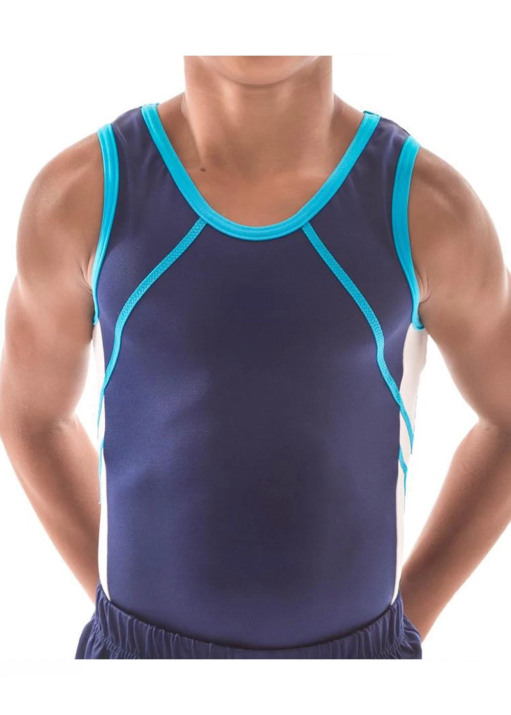 NOAH – BVZ26:- Mens Sleeveless Leotard In Navy, Turquoise And White