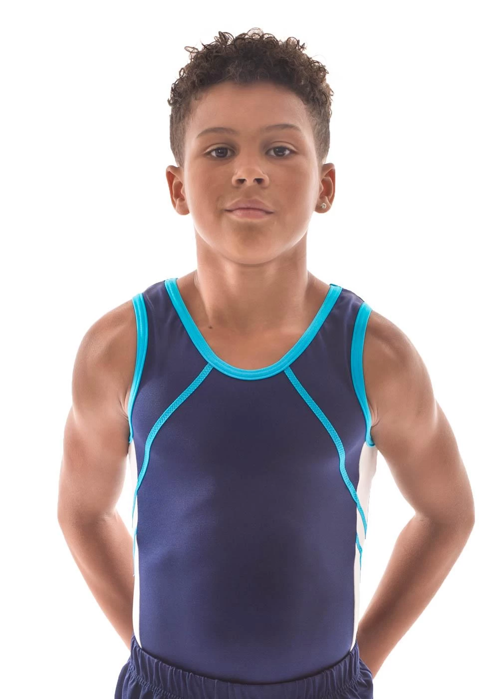 NOAH – BVZ26:- Mens Sleeveless Leotard In Navy, Turquoise And White - Image 2