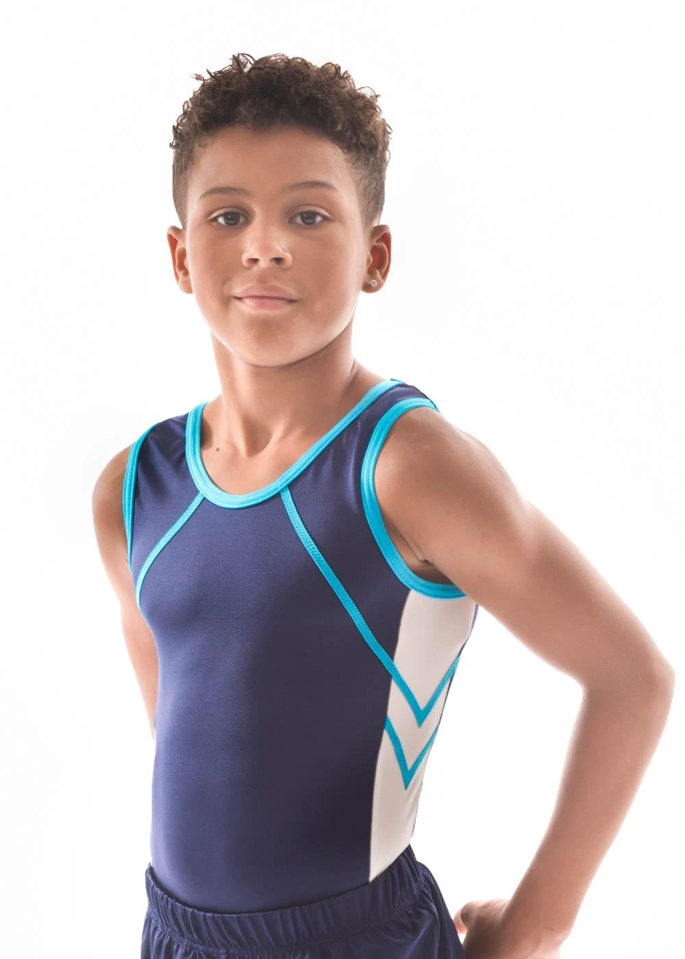 NOAH – BVZ26:- Mens Sleeveless Leotard In Navy, Turquoise And White - Image 5