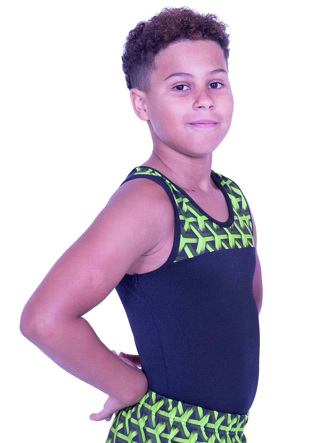 ROBBIE – BV407:- Boys Sleeveless Leotard In Black Shiny Lycra With Green Geometric Top - Image 2