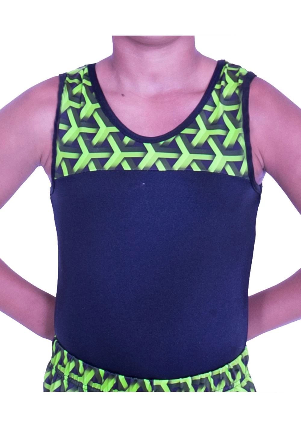 ROBBIE – BV407:- Boys Sleeveless Leotard In Black Shiny Lycra With Green Geometric Top