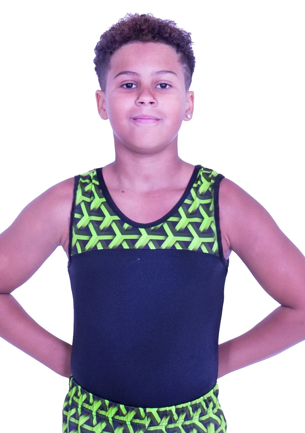 ROBBIE – BV407:- Boys Sleeveless Leotard In Black Shiny Lycra With Green Geometric Top - Image 3