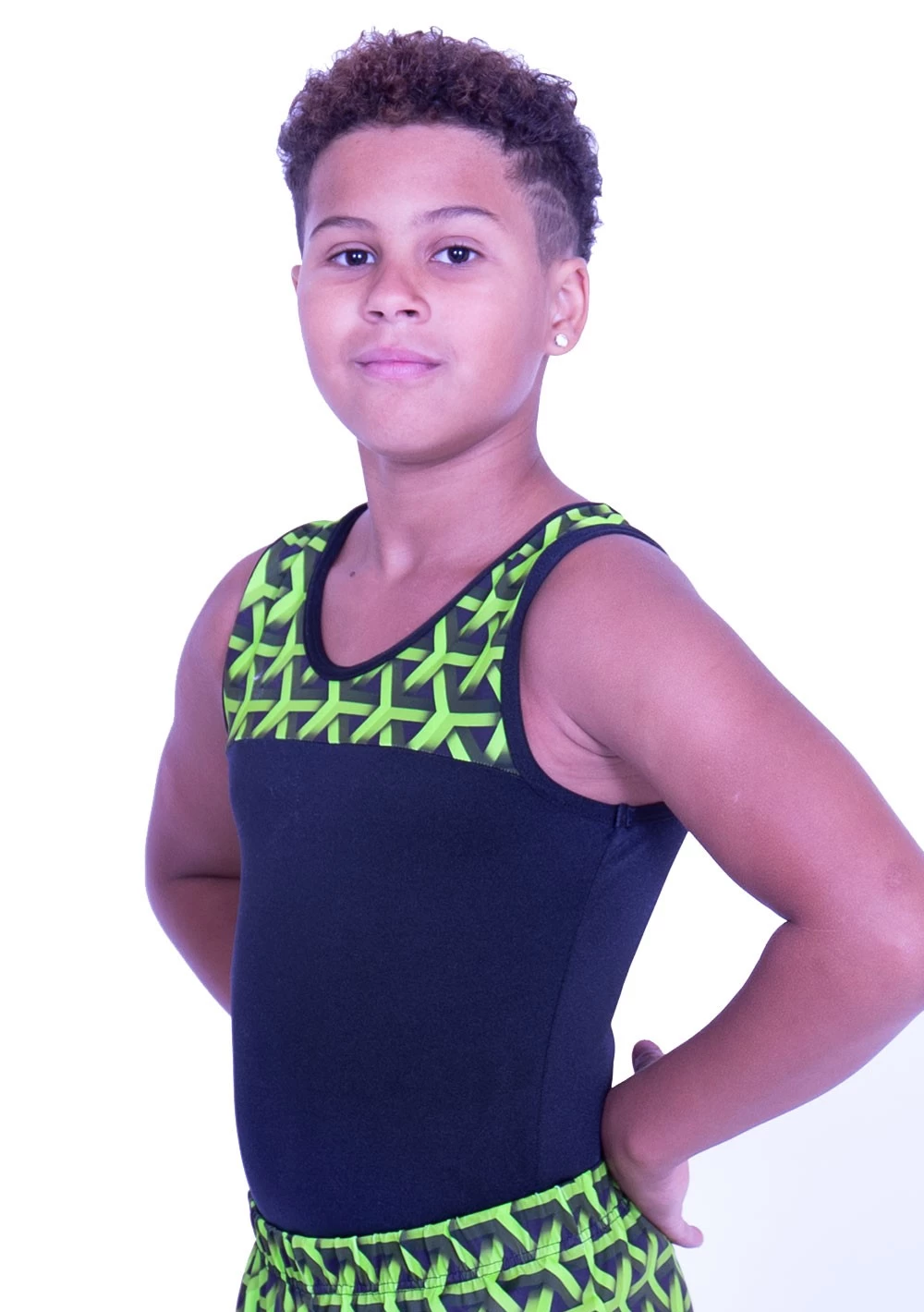 ROBBIE – BV407:- Boys Sleeveless Leotard In Black Shiny Lycra With Green Geometric Top - Image 4