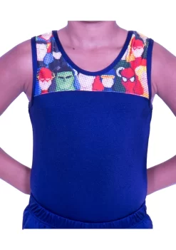 ROBBIE – BV407:- Boys Sleeveless Leotard In Navy Shiny Lycra With Superheroes Top