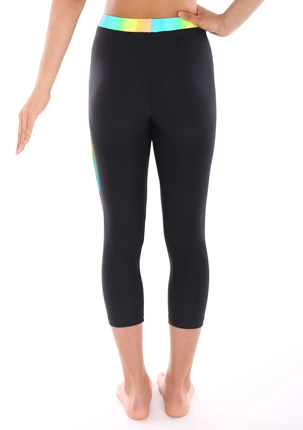 Rainbow Waistband Ladies 3/4 Leggings : Black Matt Leggings With And Stripe. - Image 3