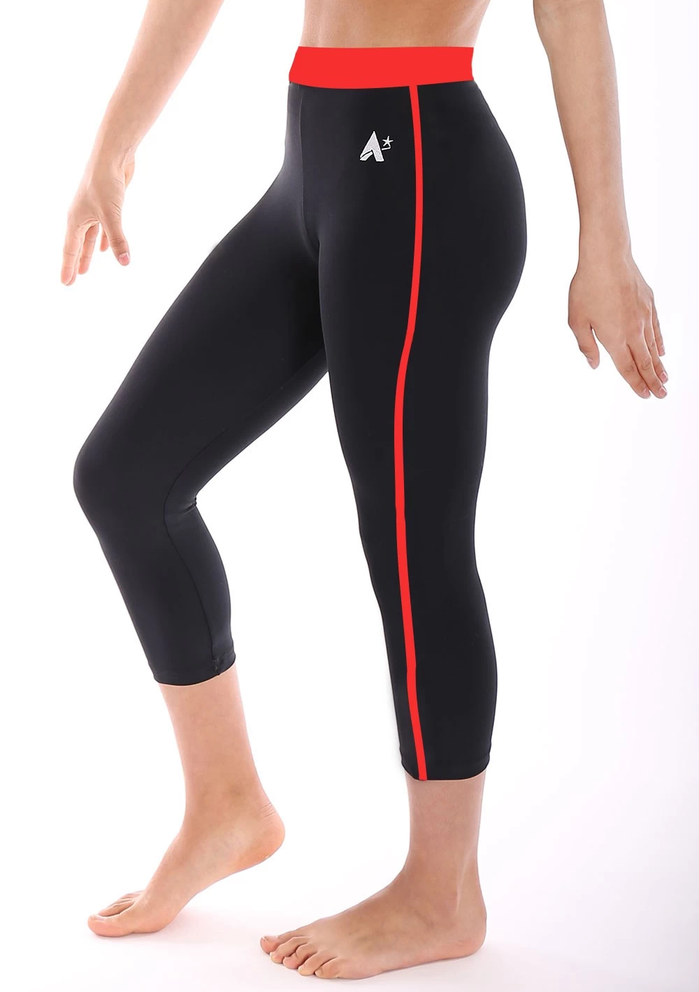 Coloured Waistband Ladies 3/4 Leggings : Black Matt Leggings With Coloured Waistband And Stripe. - Image 2