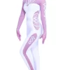KENDALL: CS538:- Beautiful White And Mesh Catsuit With Silver Detail And Diamante
