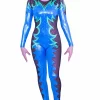KAYLA: CS540:- Azure And Clover Shimmer Catsuit With Powernet And Diamante