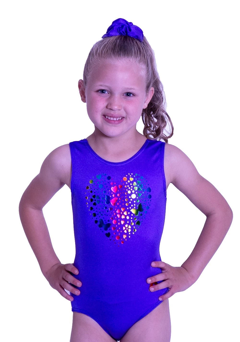 ELEANOR – P35: Cute Purple Lycra Leotard With Rainbow Butterly Heart - Image 2