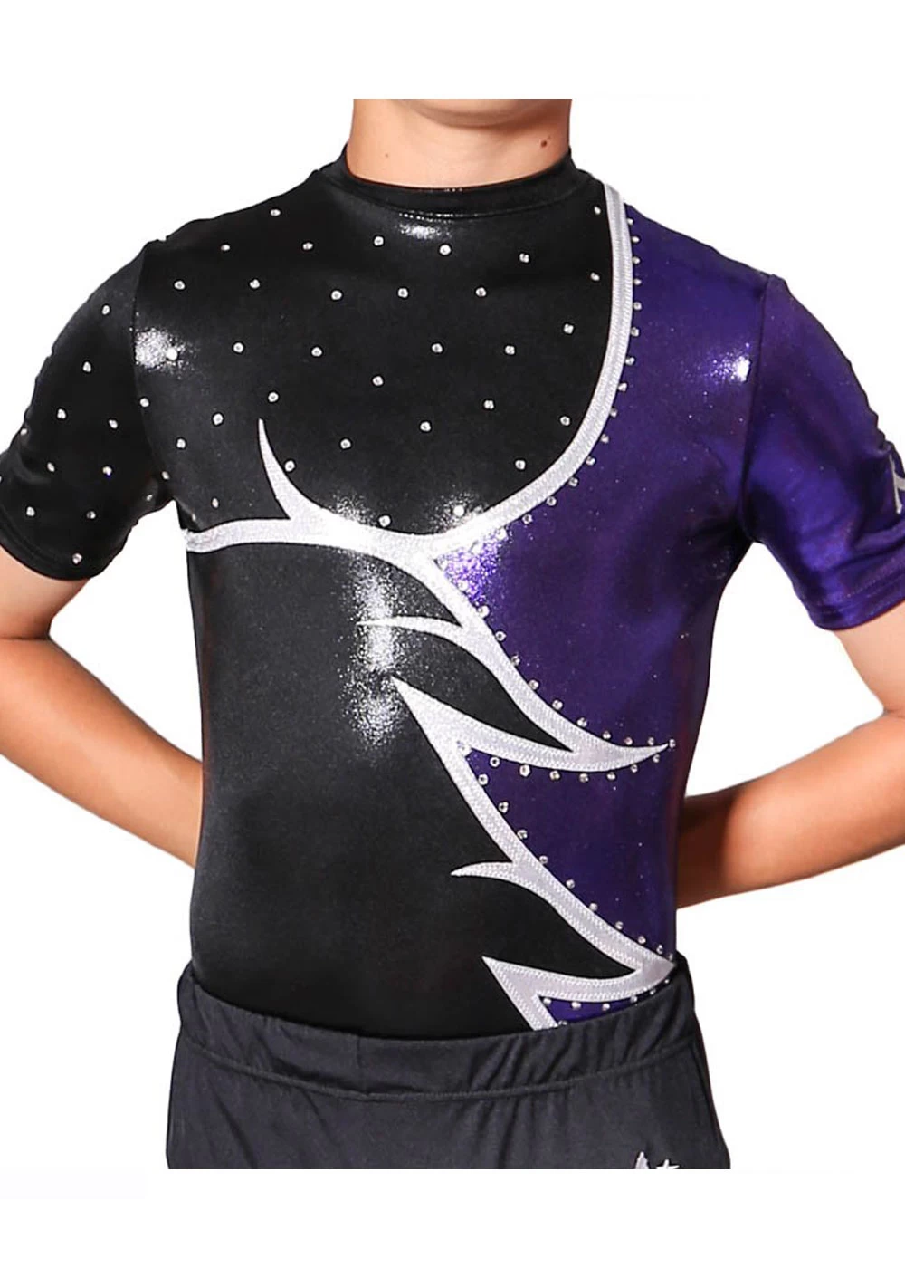 JULIAN – BSA211:- Male Acro Leotard In Black, Purple And Silver