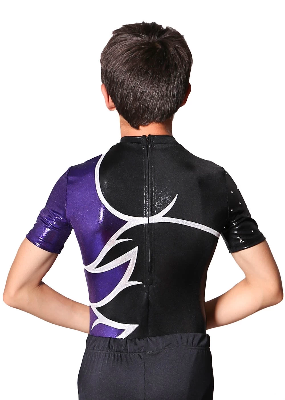 JULIAN – BSA211:- Male Acro Leotard In Black, Purple And Silver - Image 3