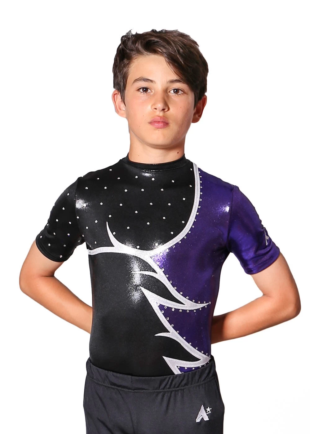 JULIAN – BSA211:- Male Acro Leotard In Black, Purple And Silver - Image 2