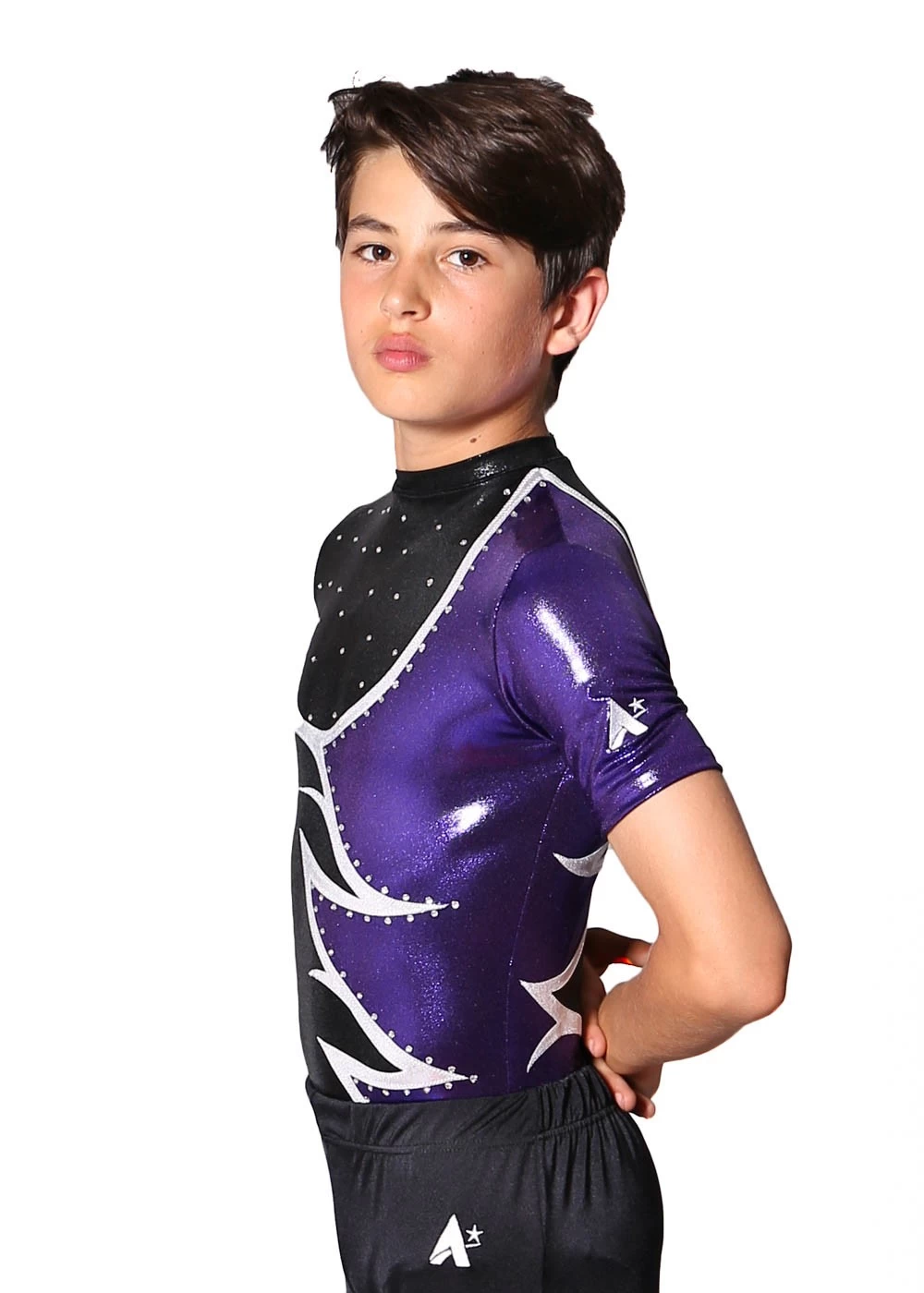JULIAN – BSA211:- Male Acro Leotard In Black, Purple And Silver - Image 4