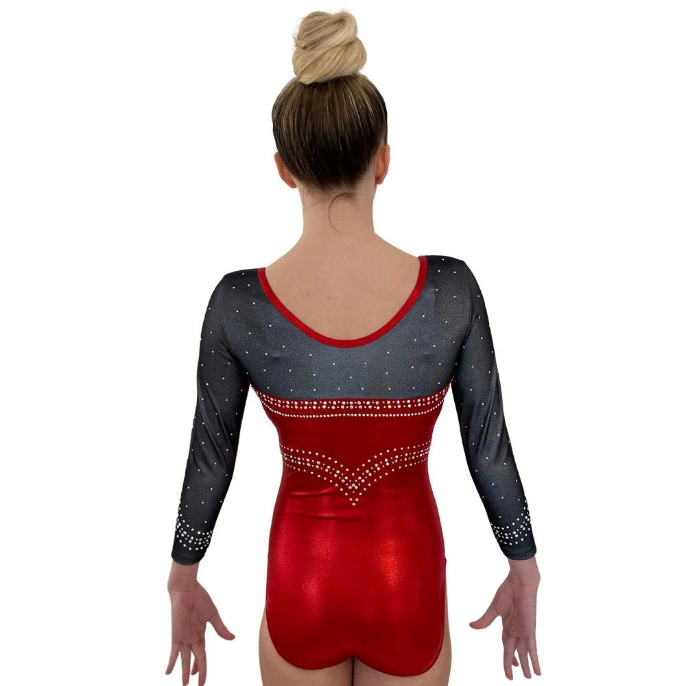 ELIANA:- L/S Ruby Shimmer Sweetheart Neckline Leotard With Black Powernet And Gorgeous Diamante - Image 3