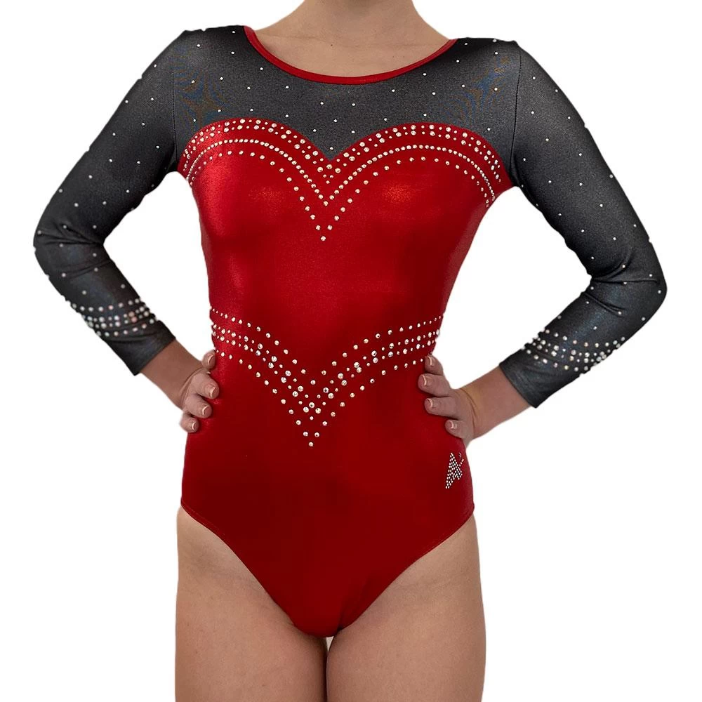 ELIANA:- L/S Ruby Shimmer Sweetheart Neckline Leotard With Black Powernet And Gorgeous Diamante