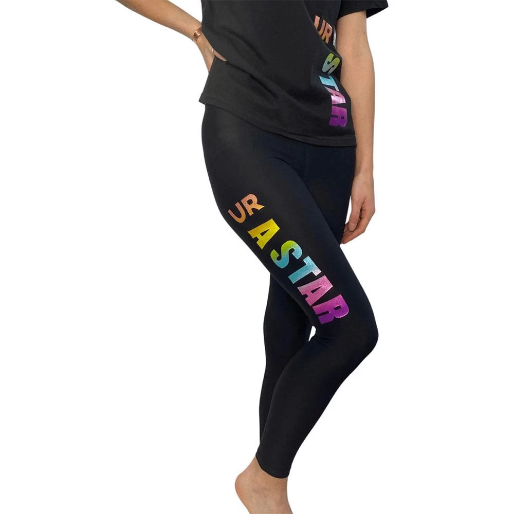 UR A STAR:- Black Matt Leggings With Rainbow Print