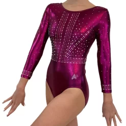 ANGELIQUE:- Long Sleeved Blackberry Shimmer Leotard With Beautiful Diamante Lines