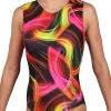 NEON LIGHTS- SP-L129:- Sleeveless Training Leotard In Bright Printed Fabric