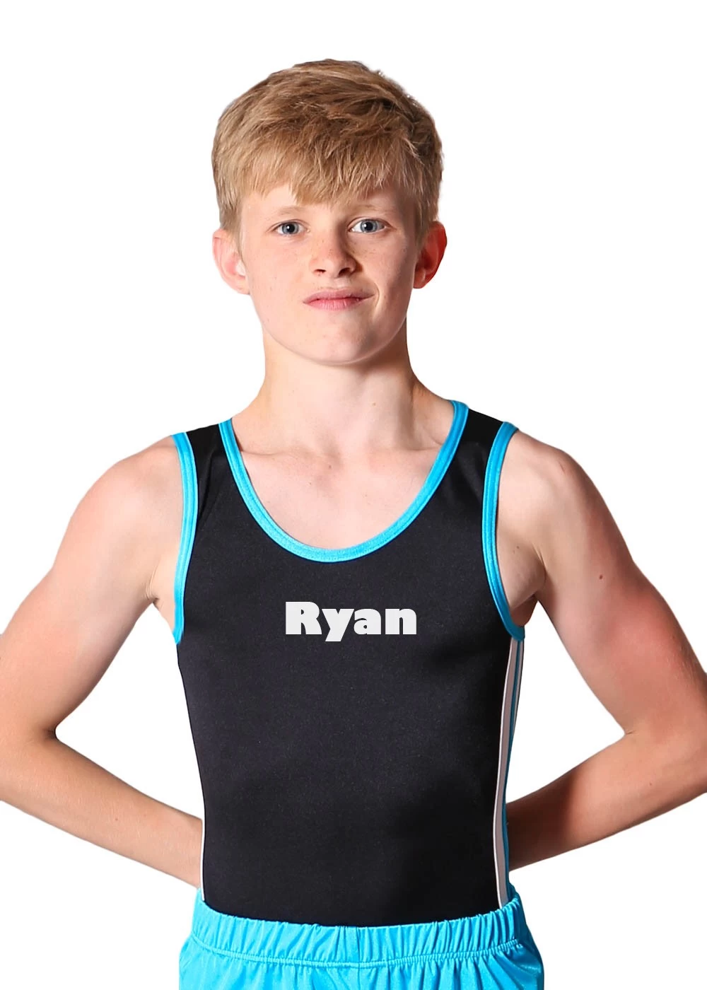 RYAN – BV209:- Mens Leotard In Black, White And Turquoise With Printed Name - Image 2