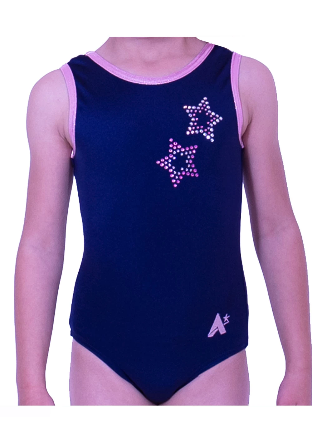 TRINITY – D70:- Navy Lycra Leotard With Pink Star Diamante