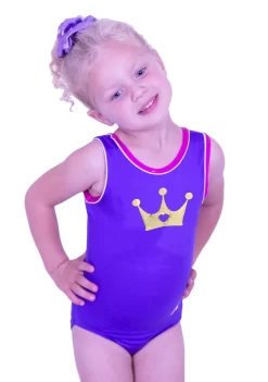 CROWN – P31:- Cute Purple Lycra Leotard With Gold Crown Print