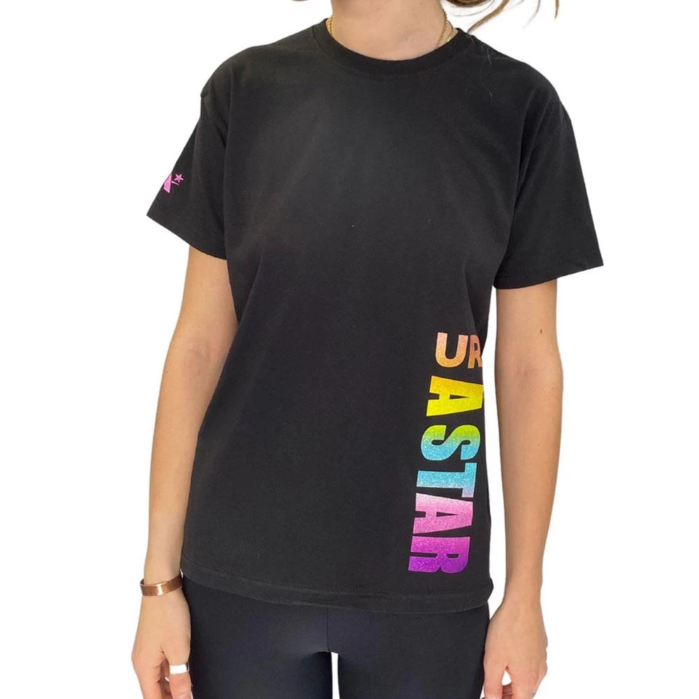 UR A STAR:- Black T-shirt With Rainbow Print