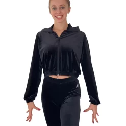 TS077:- Black Velour Cropped Tracksuit Top With Hood