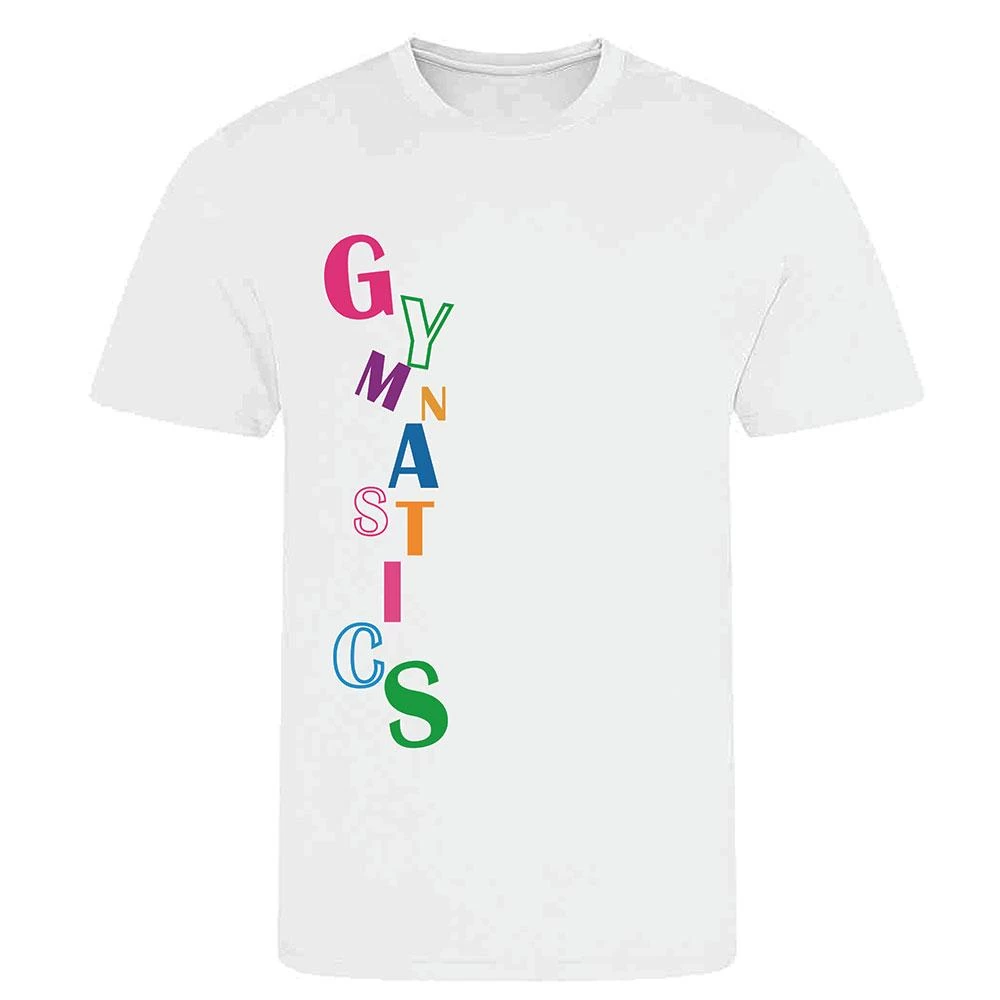 Gymnastics Graphic T-Shirt:- White T-Shirt With Bright Gymnastics Print