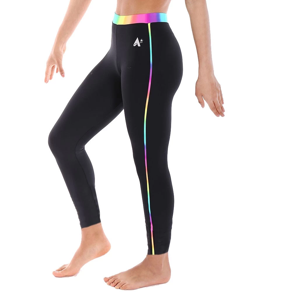 Full Length Rainbow Waistband Leggings : Black Matt Leggings With And Stripe