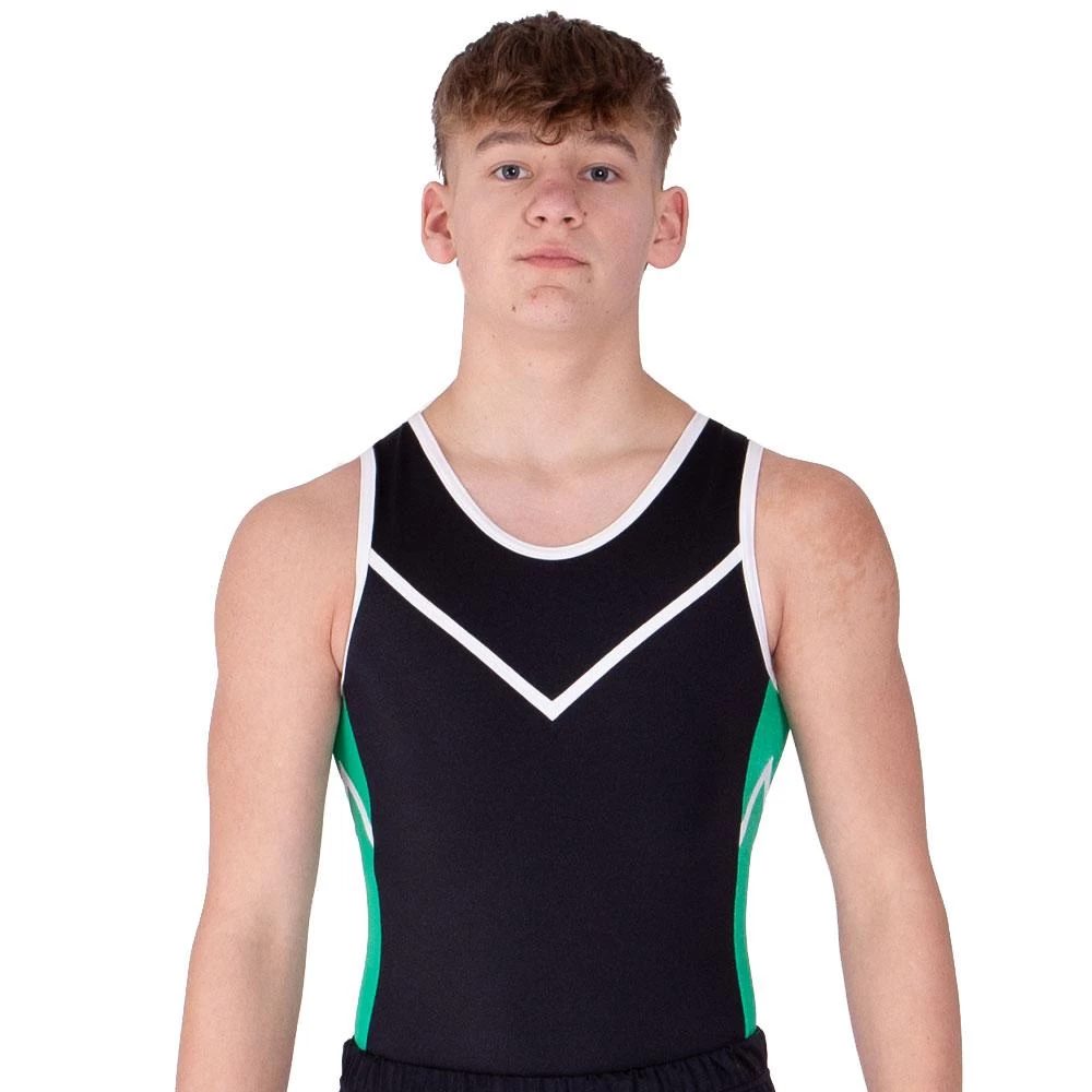AARON BV695 :- Boys Gymnastics Leotard In Black, White And Green - Image 3