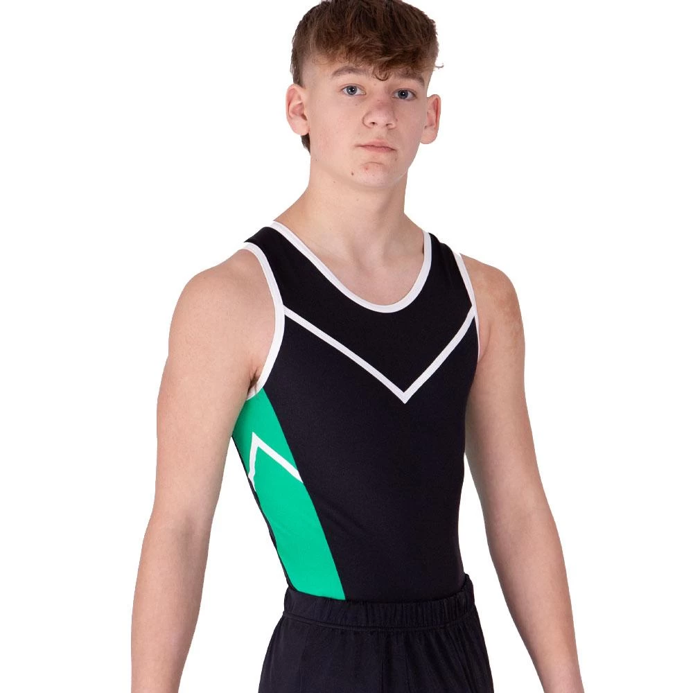 AARON BV695 :- Boys Gymnastics Leotard In Black, White And Green - Image 2