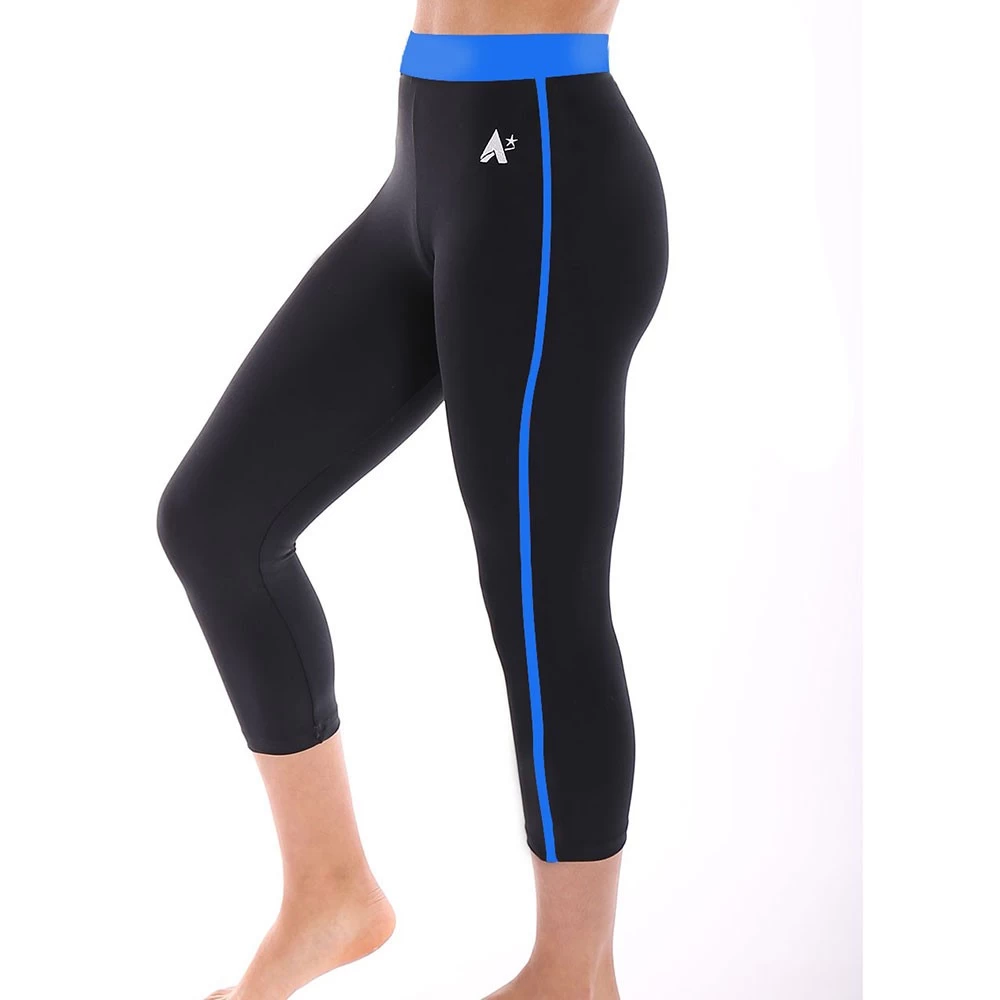 Coloured Waistband Ladies 3/4 Leggings : Black Matt Leggings With Coloured Waistband And Stripe.