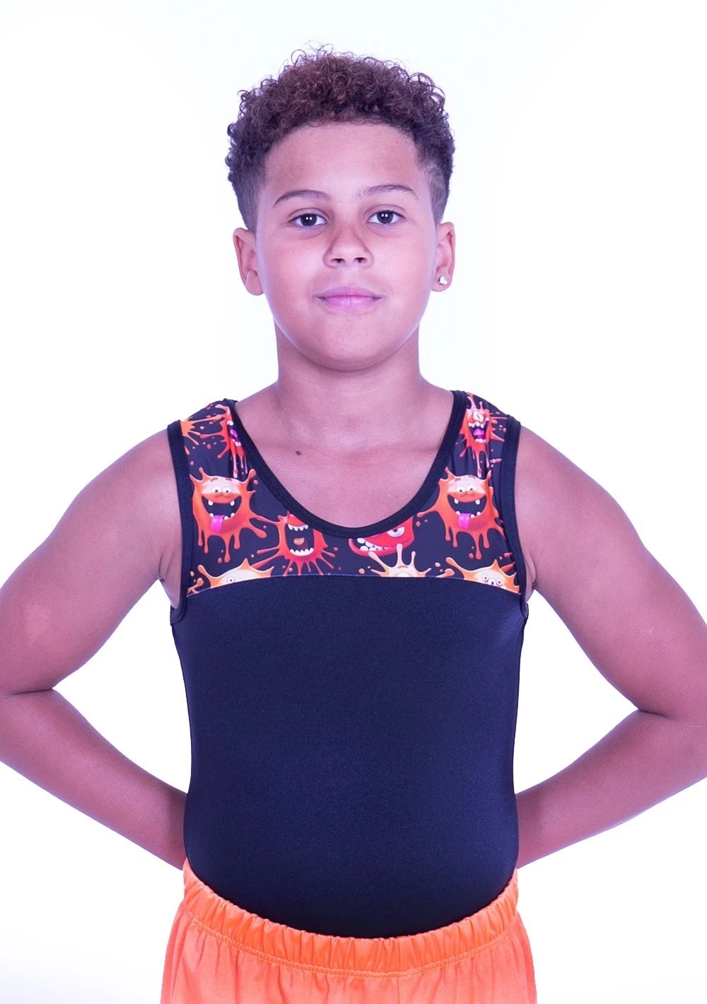 ROBBIE – BV407:- Boys Sleeveless Leotard In Black Shiny Lycra With Monster Top - Image 4