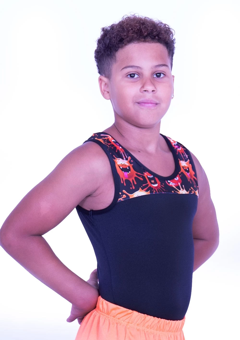 ROBBIE – BV407:- Boys Sleeveless Leotard In Black Shiny Lycra With Monster Top - Image 2
